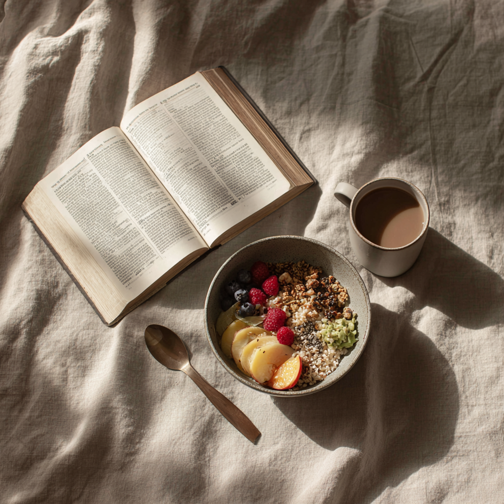 Open Bible beside a nourishing breakfast bowl with fruit, granola, and coffee in warm natural light — symbolizing food freedom, faith, and mindful nourishment.